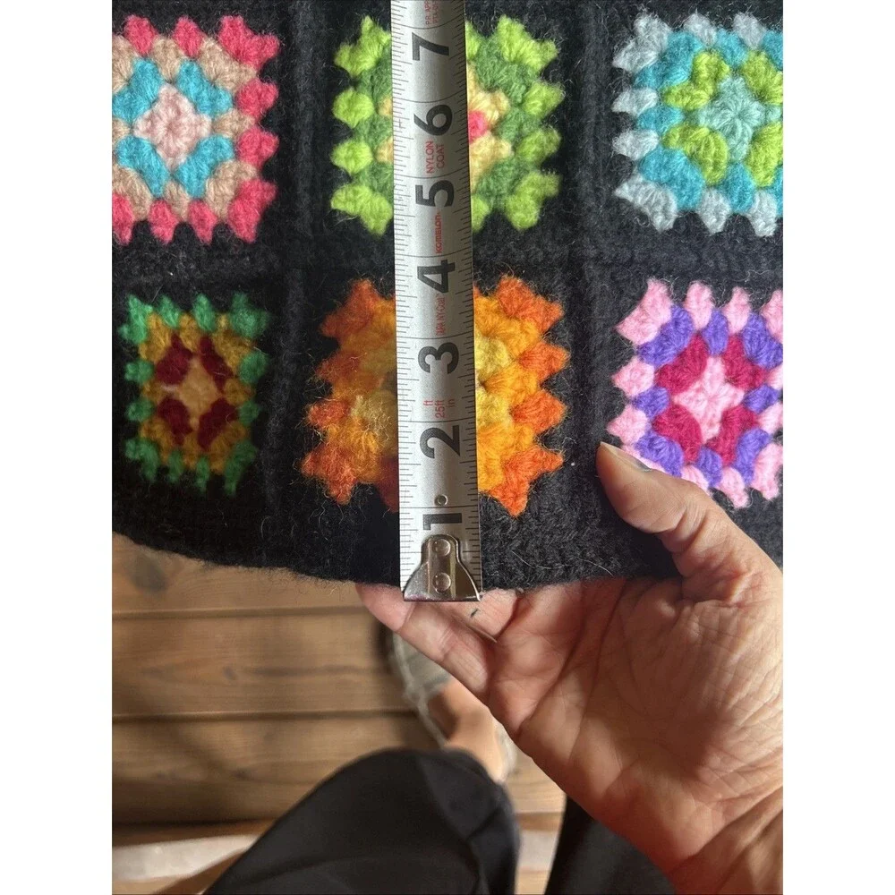 Vtg 1970s Heavy Granny Square Afghan Blanket 56x76 Black Border Retro Throw
